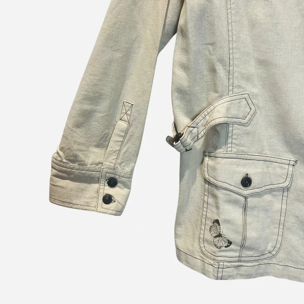 Graffwear Butterfly Graphic Safari Style Jacket Beige Linen Blend Button Up Sz L